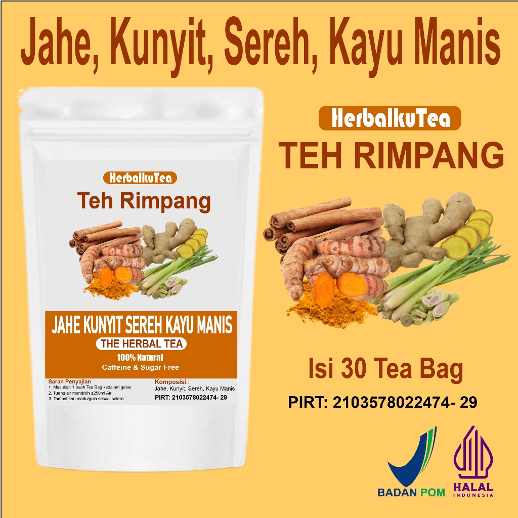 

TEH RIMPANG KUNYIT, JAHE, KAYU MANIS, SEREH / TURMERIC, GINGER, CINNAMON, LEMONGRASS TEA - HerbalkuTea