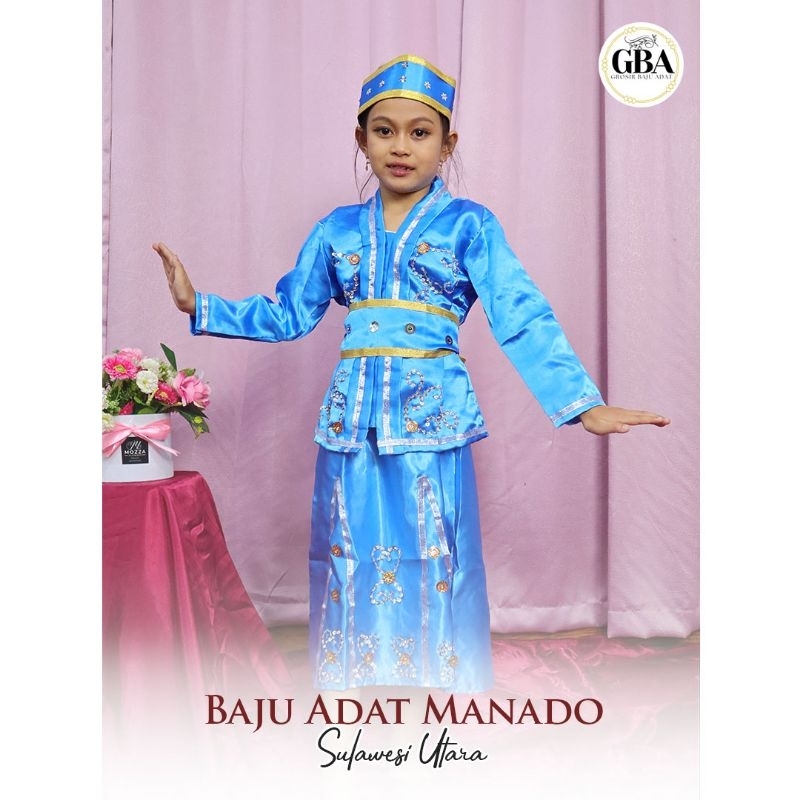 Set Pakaian Adat Manado untuk Anak Lengkap dengan Rok dan Aksesoris Kepala