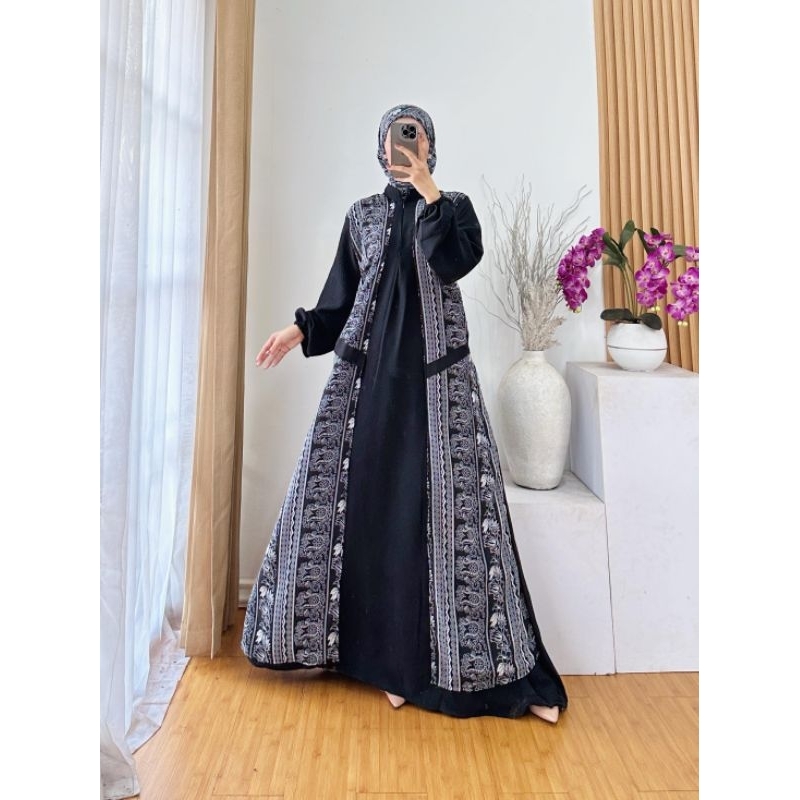 Gamis cringkle dewasa Mix Ceruty + Hijab / gamis lebaran 2025 / Gamis cringkle rompi mix ceruti