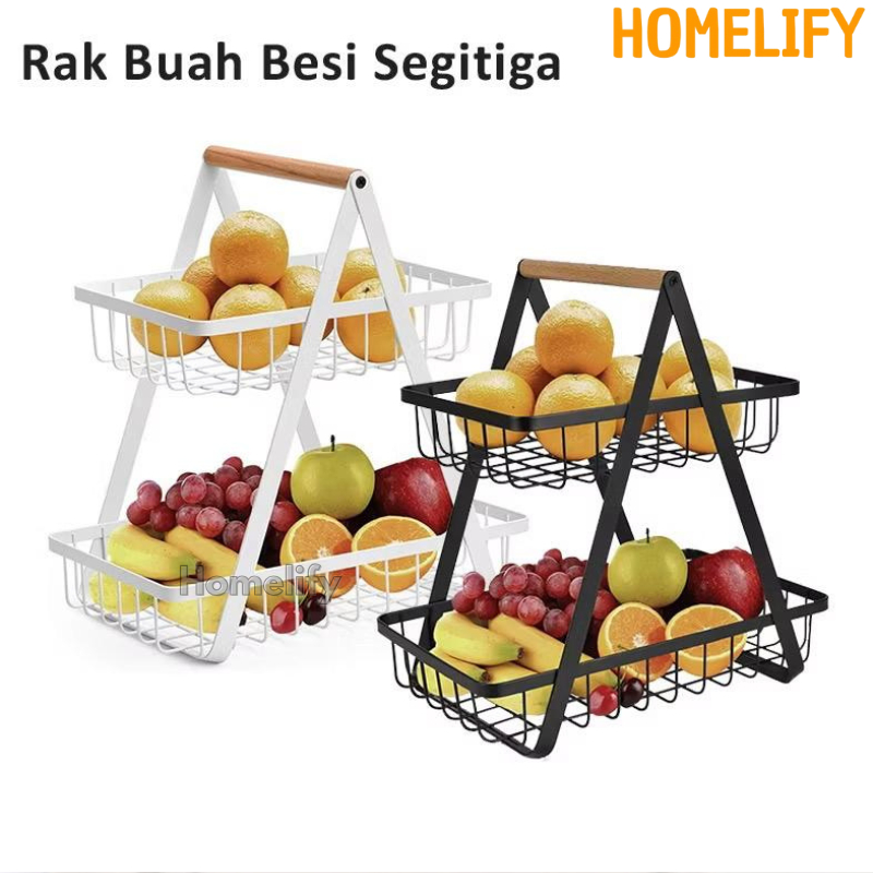 Keranjang Rak Dapur Rak Buah Besi Rak Dapur Besi Kayu Serbaguna Dapur Rak 2 Tingkat Dapur