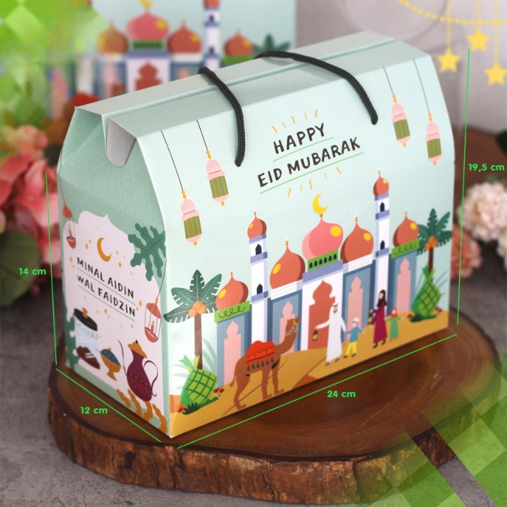 

gable box lebaran idul fitri ukuran 24 x 12 x 14 cm isi 10 pcs eid prayer mubarak kardus hijau motif masjid