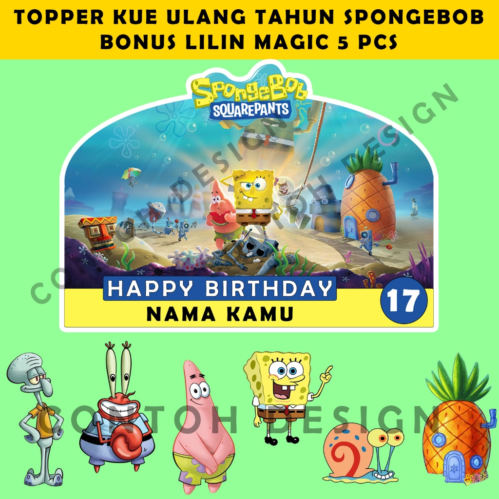 

Topper Kue Ulang Tahun Spongebob Free 5 Lilin | Dekorasi Kue Ulang Tahun Anak Spongebob Custom Nama