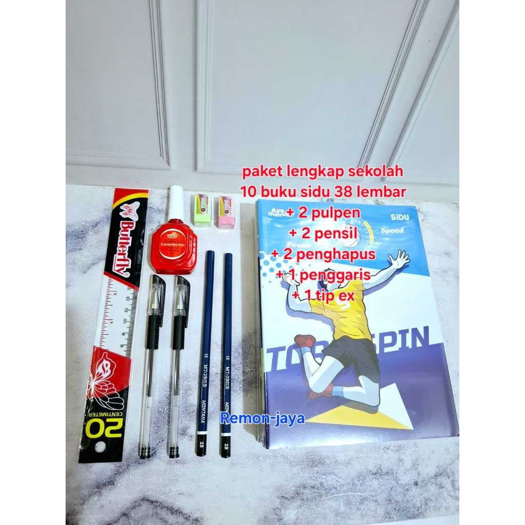 

Buku paket lengkap sekolah / 10 buku sidu 38 lembar +2pensil +2pulpen +2 penghapus +1penggaris +1tip ex paket lengkap SD
