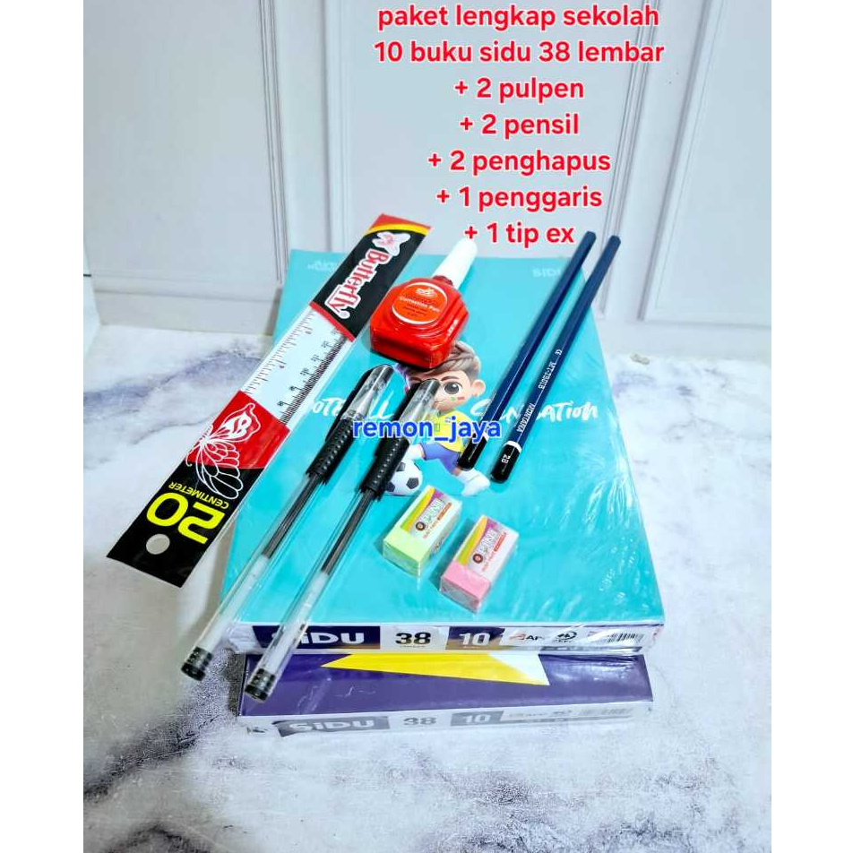 

(promo) Buku paket lengkap sekolah / 10 buku sidu 38 lembar +2pensil +2pulpen +2 penghapus +1penggaris +1tip ex