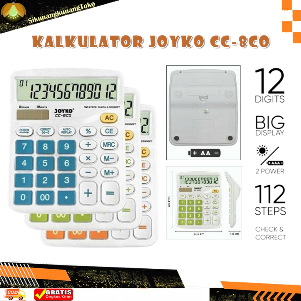 

(skn) Kalkulator Joyko Calculator CC-8CO 12 Digits CC - 8 Check Correct