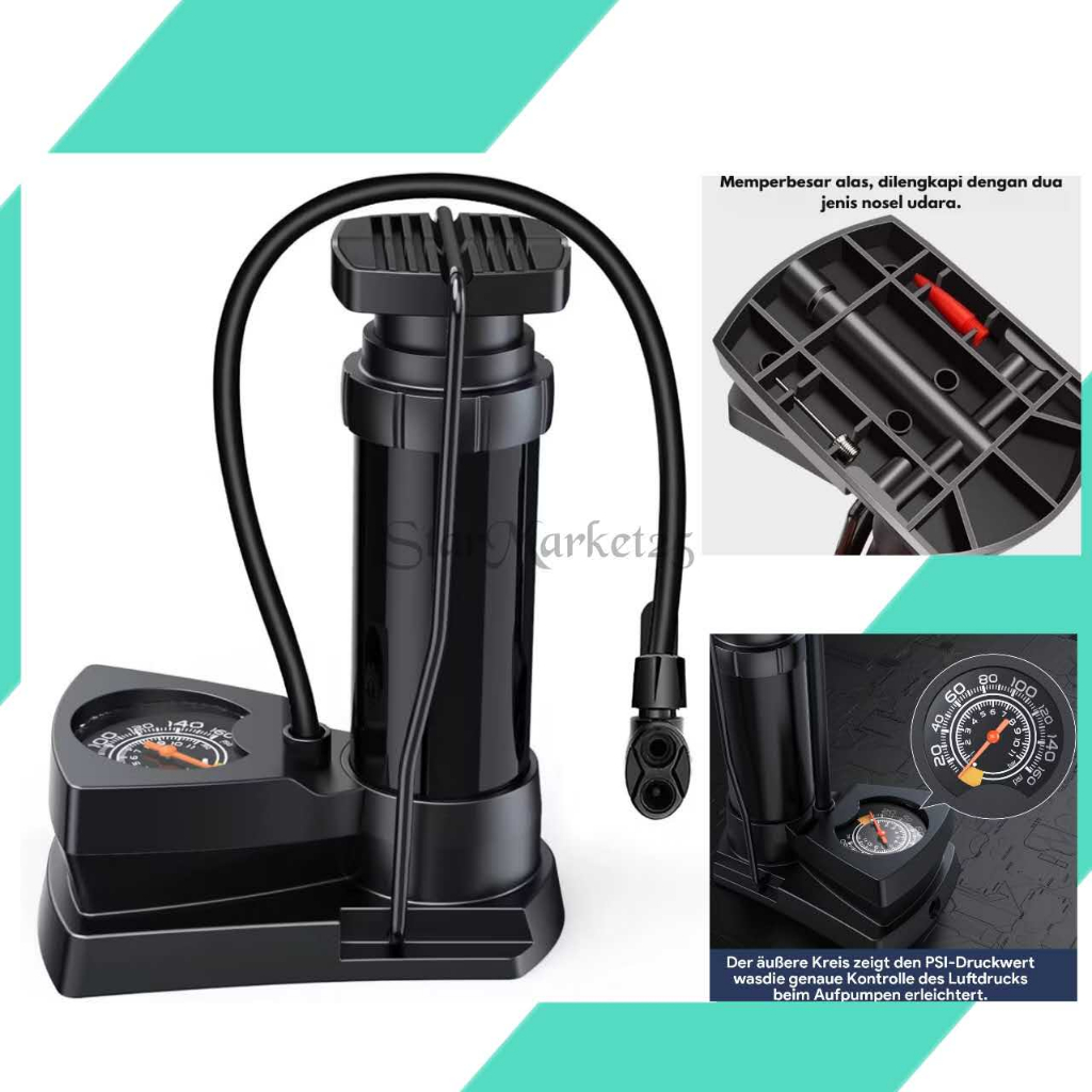 Pompa Angin Injak Kaki Manual Sepeda Motor Mobil - Spidometer Pompa Injak Portable