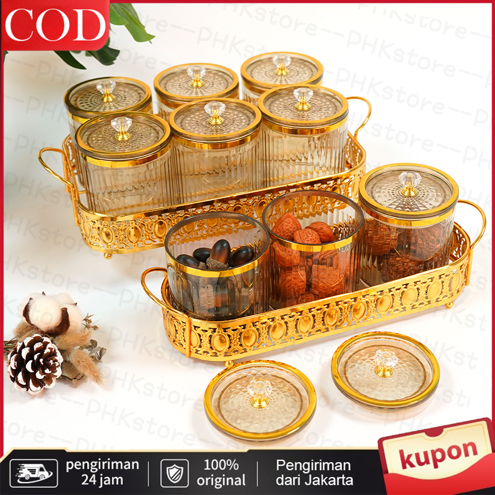 PHK Set toples plastik tertutup rapat baki mewah emas toples makanan/berisi set baki kotak