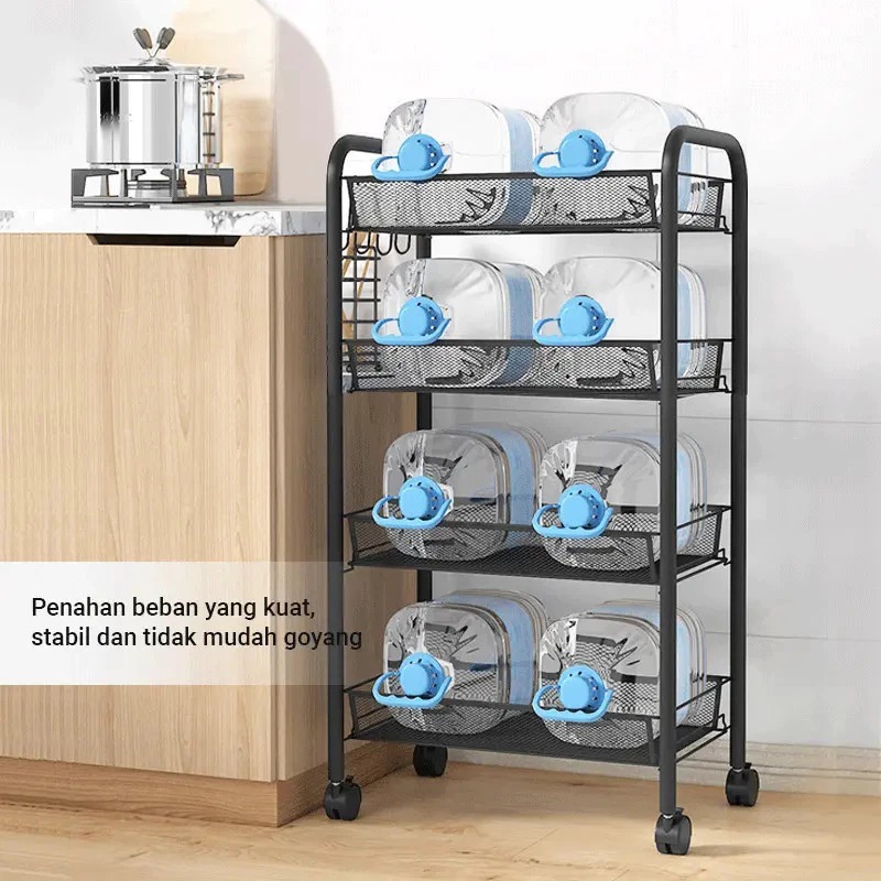Rak Troli Besi 4 Susun Serbaguna Ginger Rack Dapur Roda 4 Rack Dorong