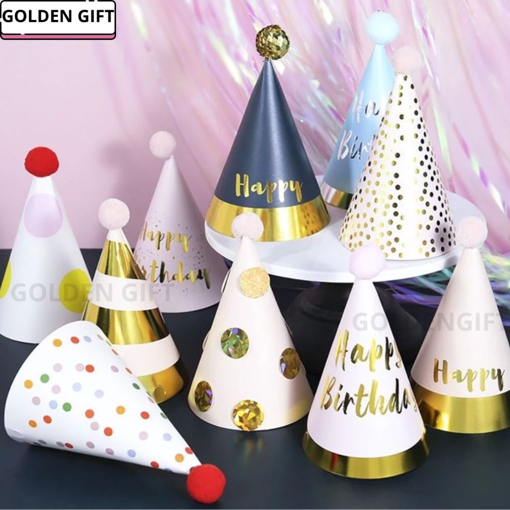 Topi Ulang Tahun/Topi Kerucut Selamat Ulang Tahun warna Pink Gold untuk Dekorasi Pesta Ulang Tahun A