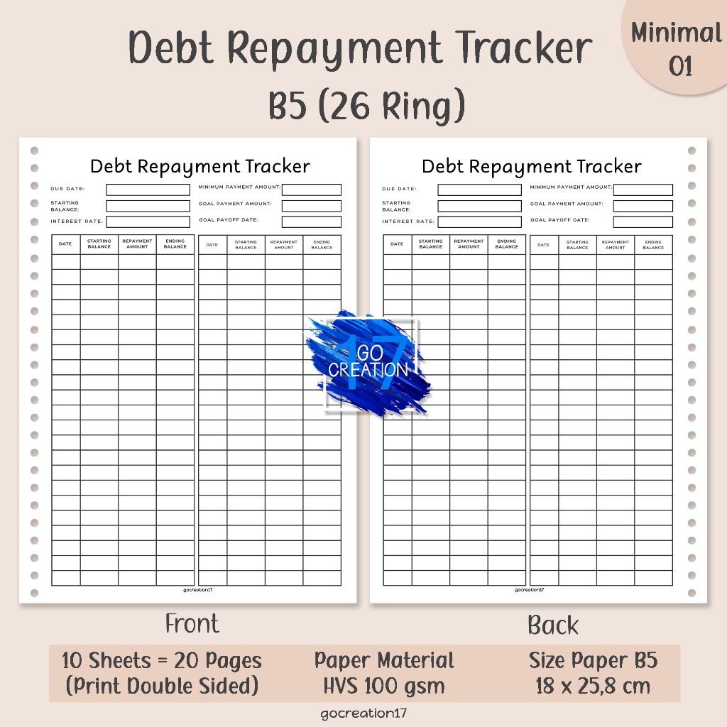 

Buku Planner Kertas Isi Binder Debt Repayment Tracker Simple Minimalis B5