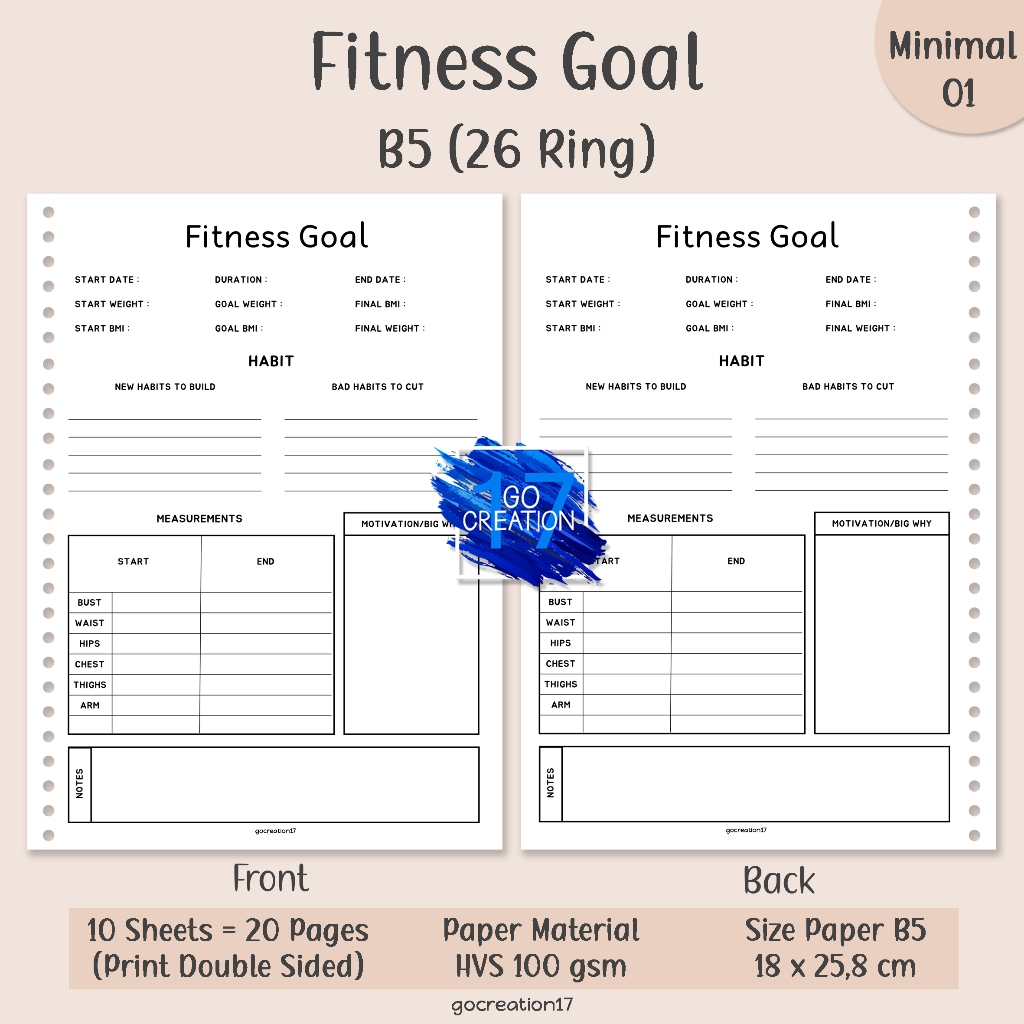 

Buku Planner Kertas Isi Binder Fitness Goal Simple Minimalis B5