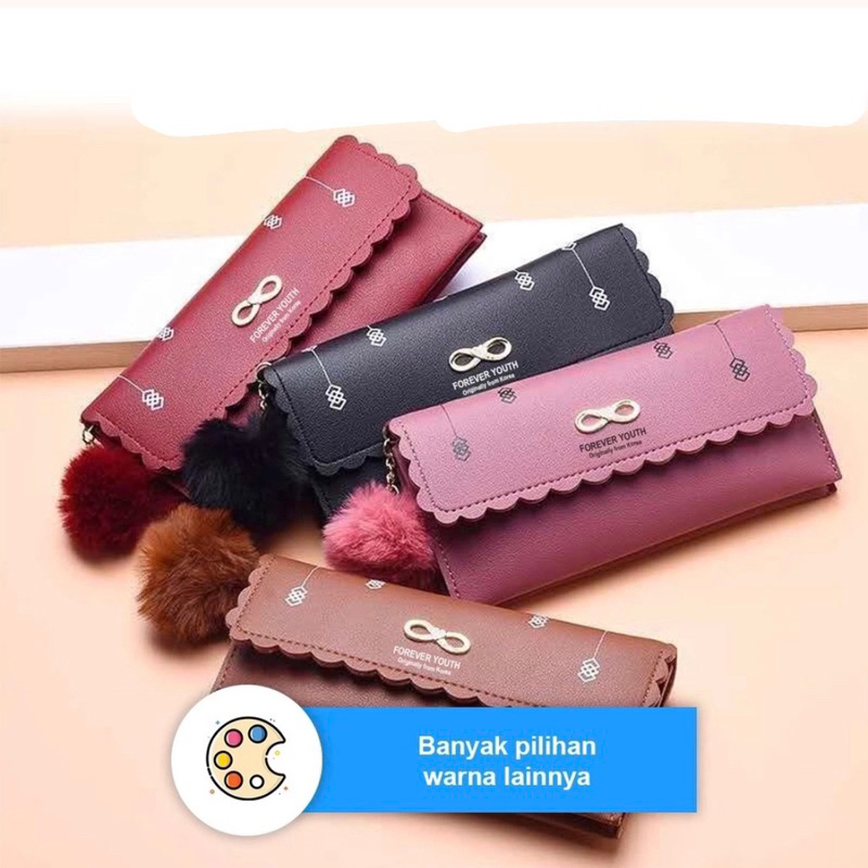 Dompet panjang wanita pom pom lucu | dompet kulit wanita