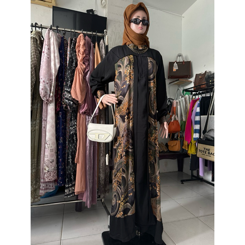 gamis desaign hitam polos combi bungabunga ceruty babydoll