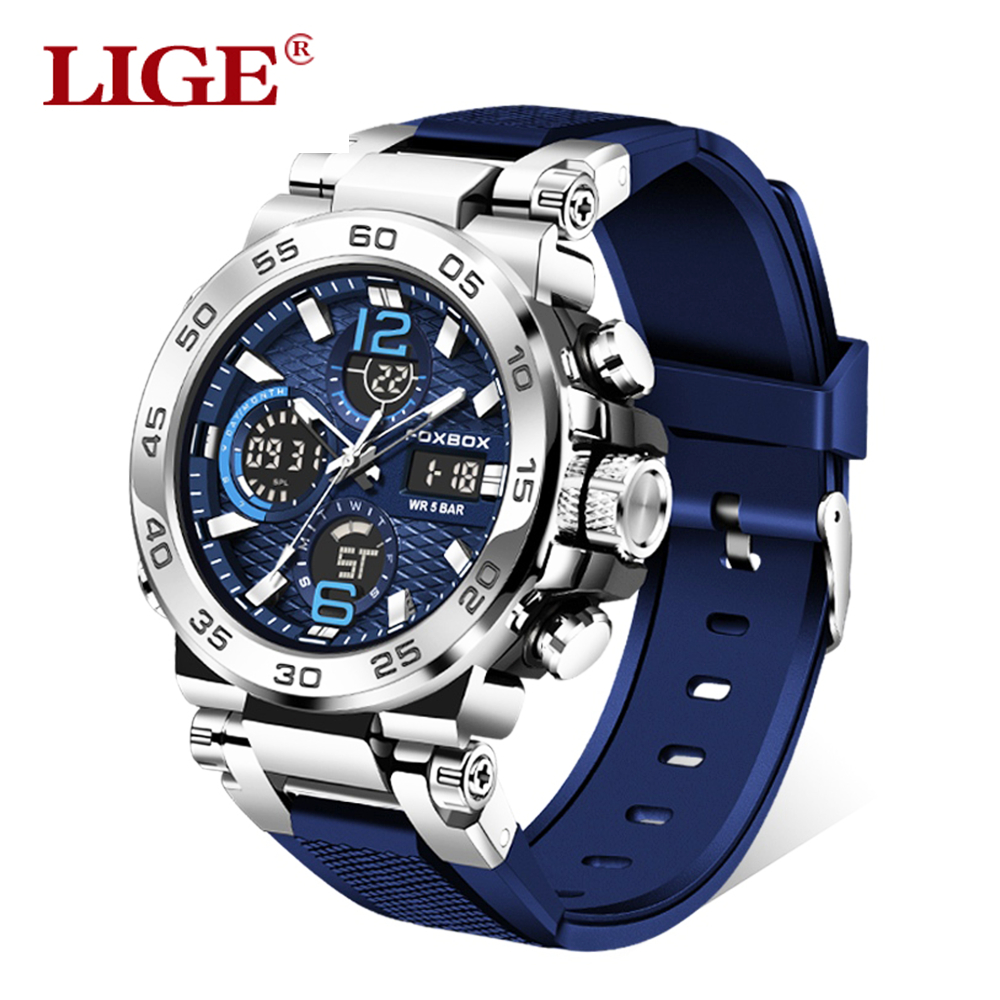 FOXBOX Jam Tangan Pria Anti Air Original LIGE Digital Analog Asli Tali Silikon Jam Tangan Cowok Kuar