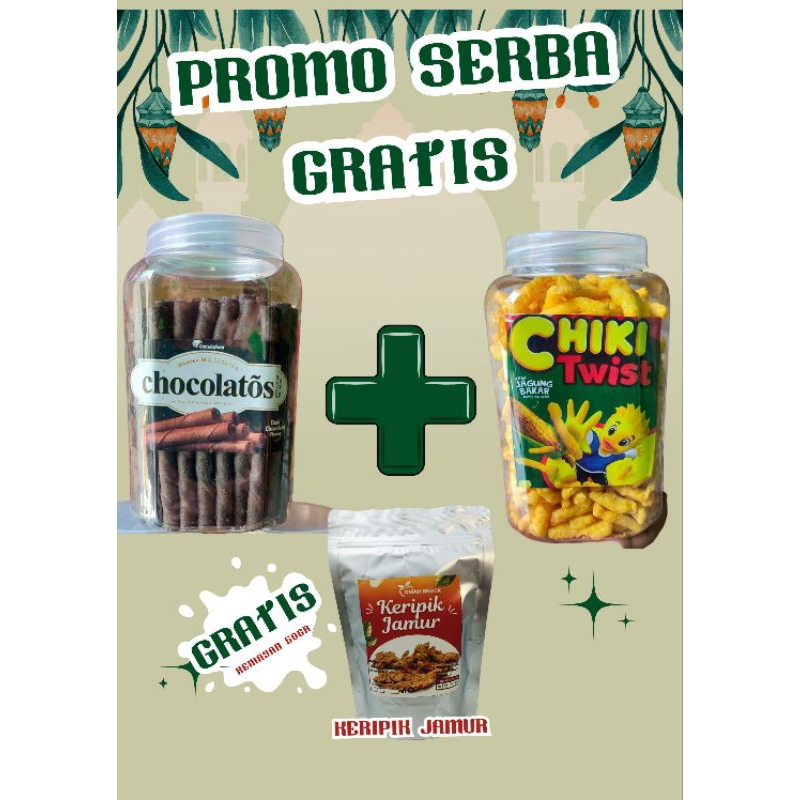 

PROMO PAKET HEMAT SNACK MERK ORI BRANDED BELI 1 CHOCOLATOR DAN CHIKI TWIS 2 LITER GRATIS 1 KERIPIK JAMUR