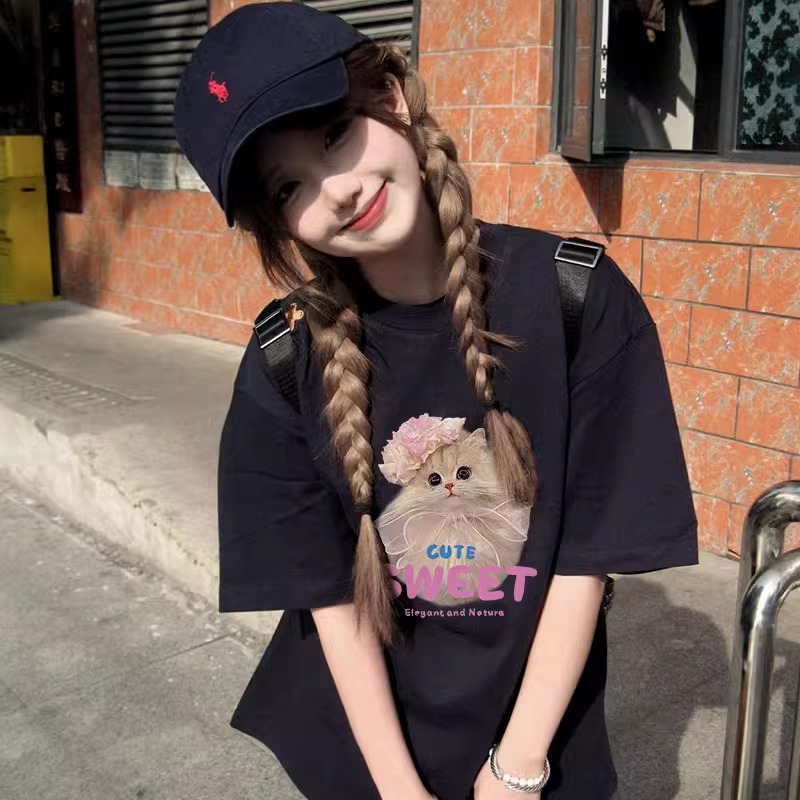 Kaos hitam lengan pendek wanita 2025 ledakan baru kemeja katun musim panas setengah lengan bawah kem