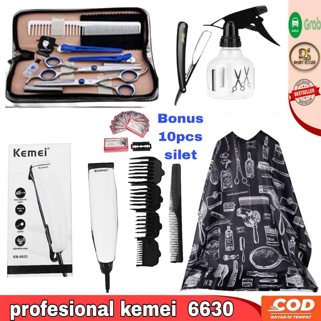Satu Set Paketan Alat Cukur Pangkas Rambut Lengkap KEMEI Hair Trimmer Mesin Cukur Barbershop Cukuran