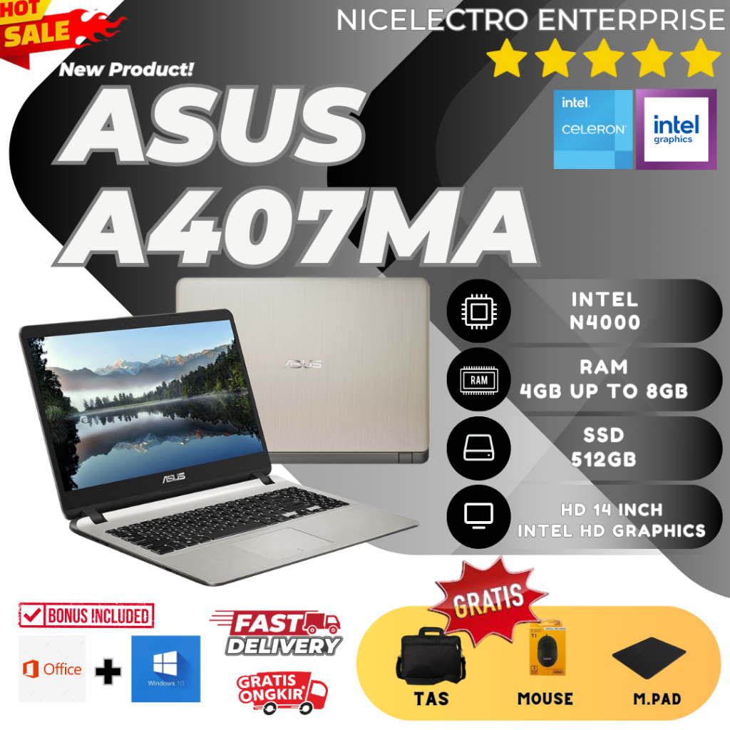LAPTOP ASUS VIVOBOOK A407MA / INTEL N4000 / RAM 8GB / SSD 512GB / WINDOWS OFFICE / FREE BONUS