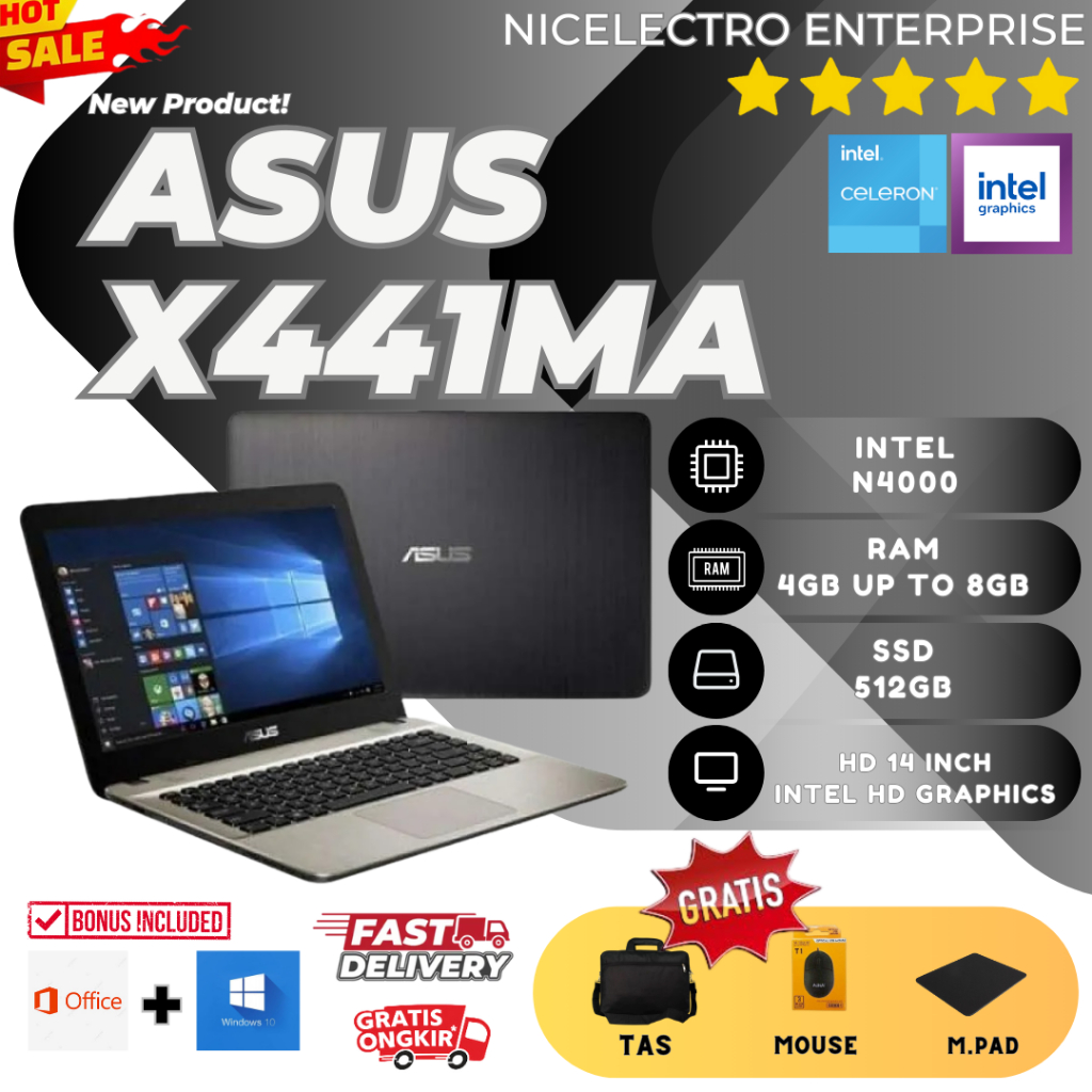 LAPTOP ASUS VIVOBOOK X441MA / INTEL N4000 / RAM 8GB / SSD 512GB / DVD / WINDOWS OFFICE / FREE BONUS