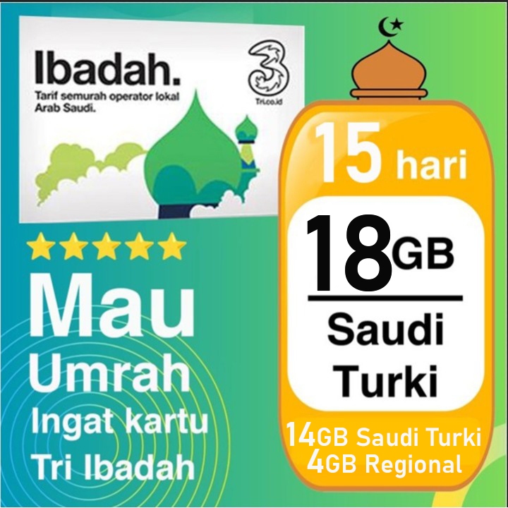 Sim Card Umroh Saudi Arabia | Tri Ibadah 18GB 15DAY (14GB UMROH + 4GB LOKAL)