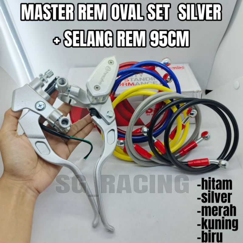 PROMO PAKETAN SET MASTER REM TABUNG OVAL SET SILVER KIRI DAN KANAN PLUS SELANG DISK CAKRAM 95 CM PNP