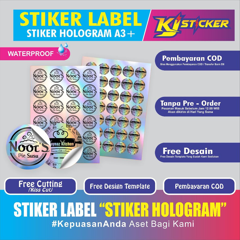 

KJ STIKER Promo Cetak Stiker Label Stiker Hologram A3+ Kualitas Tahan Air Untuk Label Makanan dan Minuman Custom Desain