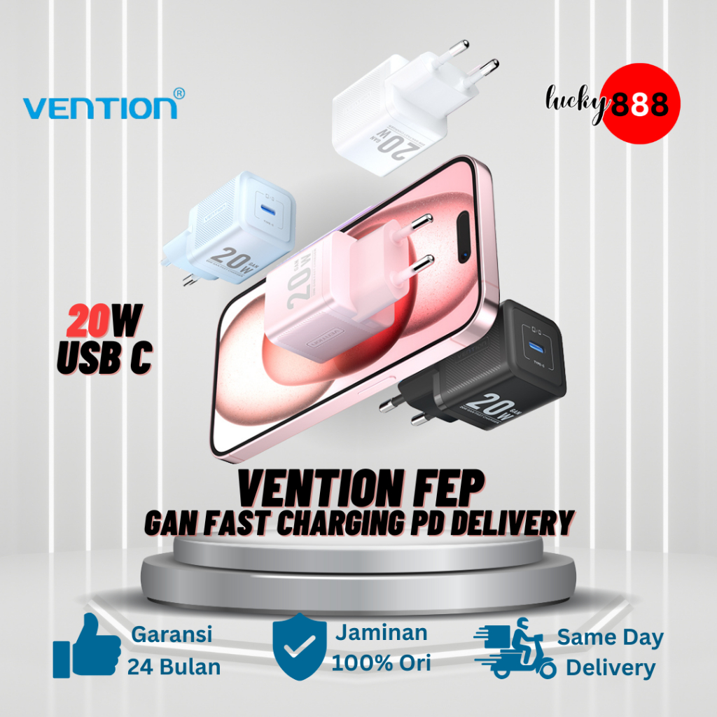 Kepala Charger Vention Gan Charger 20W PD Type C Satu Set Kabel MFI Nylon PVC for iPhone MFI 11 12