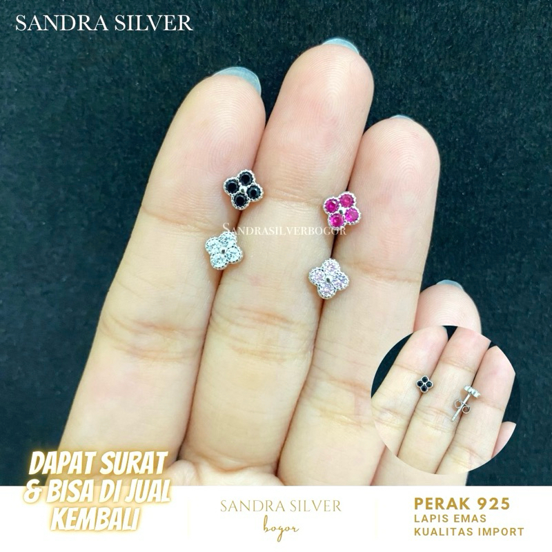 Giwang Clover Mini perak 925 permata batu lapis emas putih