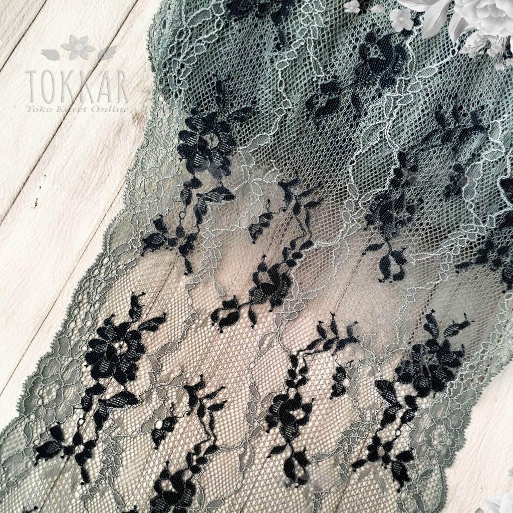 (Per Meter) RDS380 Renda Stretch Hijau Lumut / Renda Karet Lebar 22,5Cm