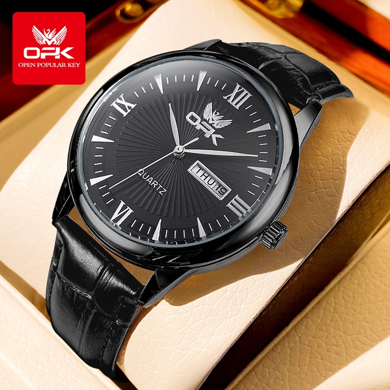 OPK Jam Tangan Pria Anti Air Original Black Fashion Kulit Kalender Analog Men Watch Model 6014