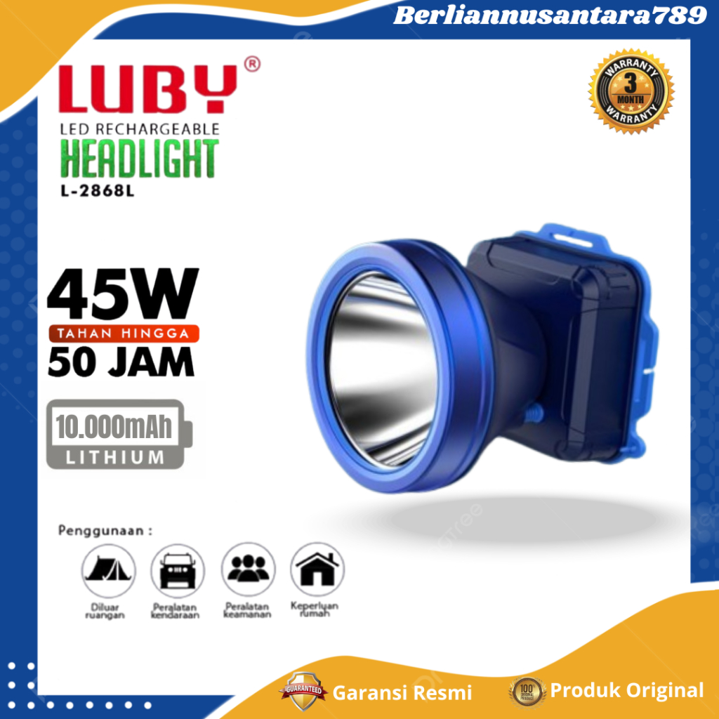Luby Senter Kepala L2868L-K Cahaya Putih Kuning Rechargeable - GARANSI RESMI