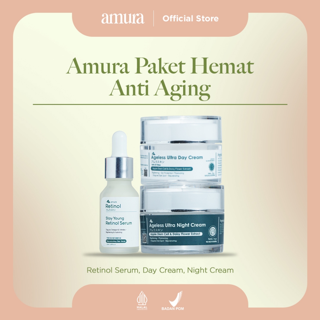 Amura Paket Hemat Anti Aging - Lawan Kerutan dan Flek Hitam Bandel (Retinol, Night Cream, Day Cream)