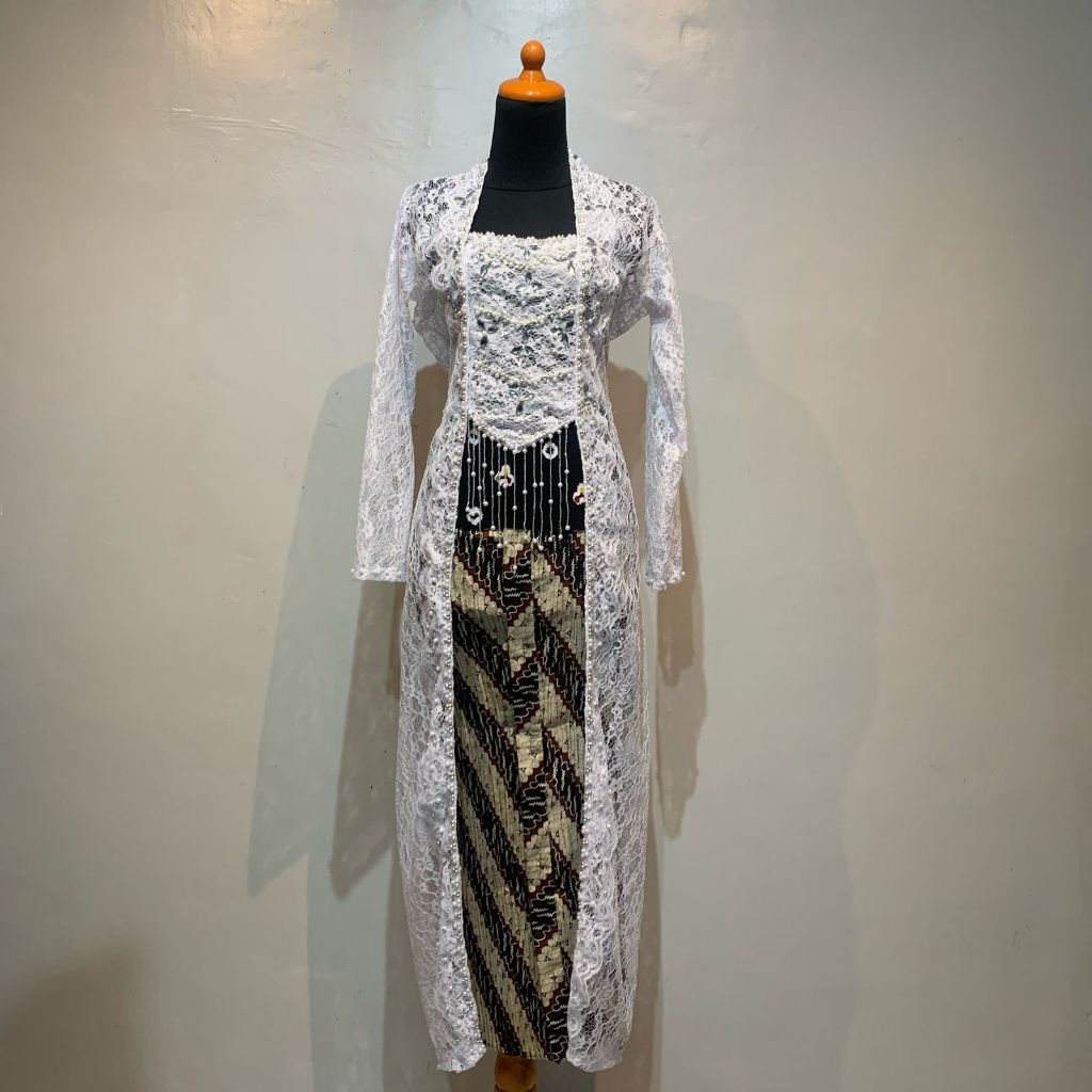 Kebaya Akad Kutu Baru Modern Brokat Tabur Payet Mutiara Putih Bersih