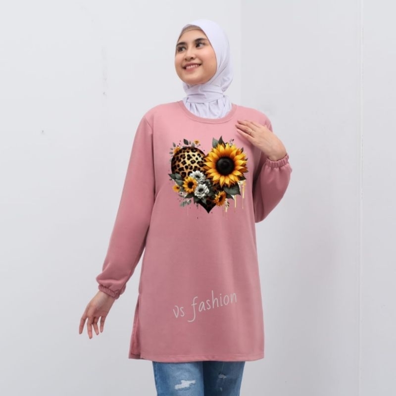 kaos tunik wanita motif bunga matahari kaos tunic wanita terbaru