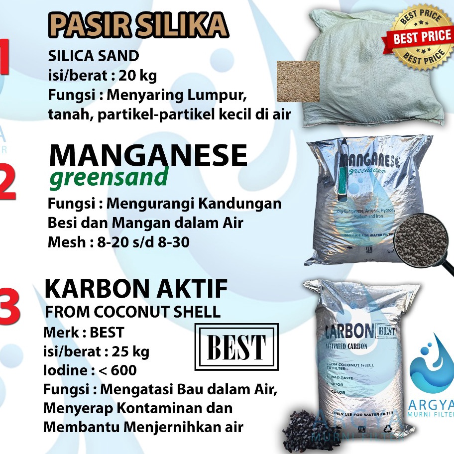 Spesial 3 Media Air untuk Tabung F  Pasir Silika 2 Kg  Manganese Greensand 25 Kg  Karbon Aktif 25 Kg
