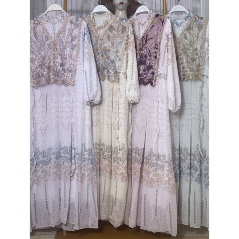 Dress Gamis Ceruty Premium Mix Tile Renda Free Belt Mutiara Elegan Mewah Kondangan Lebaran Rompi Bru