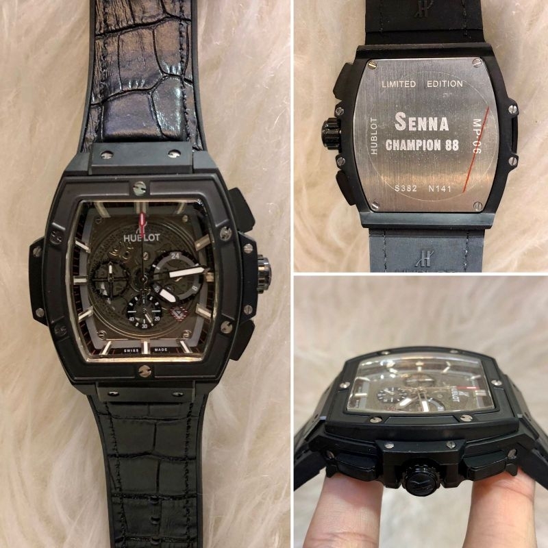 JAM TANGAN PRIA HUBLOT SENNA RUBBER BLACK JAPAN QUARTZ SUPER QUALITY DIAMETER 42MM