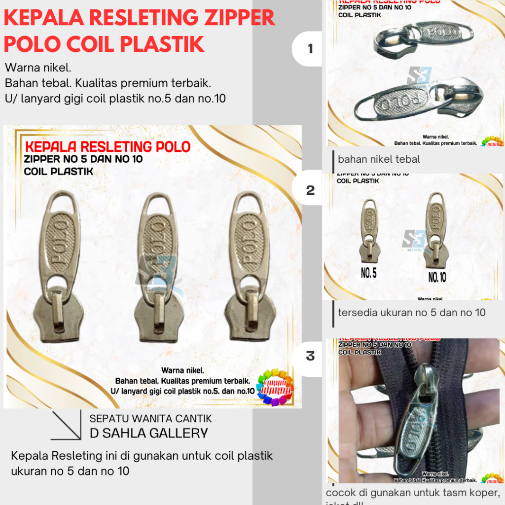 Kepala Resleting Zipper Polo No 5 No 8 dan No 10 Halus Nikel Restleting Risleting Coil Plastik Terba
