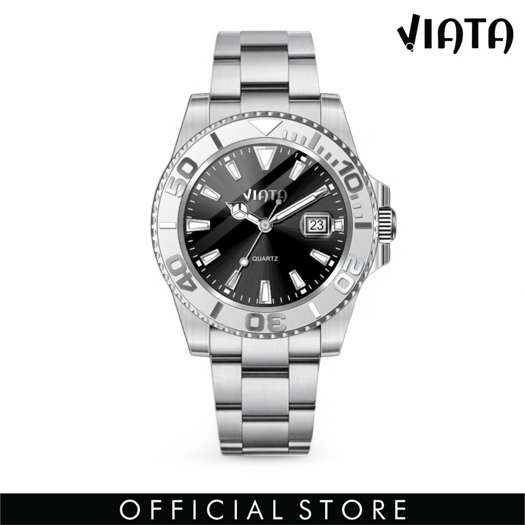 VIATA Jam Tangan Pria 100% Original Tali Rantai Tanggal Analog Stainless Steel Quartz COD CA116-3