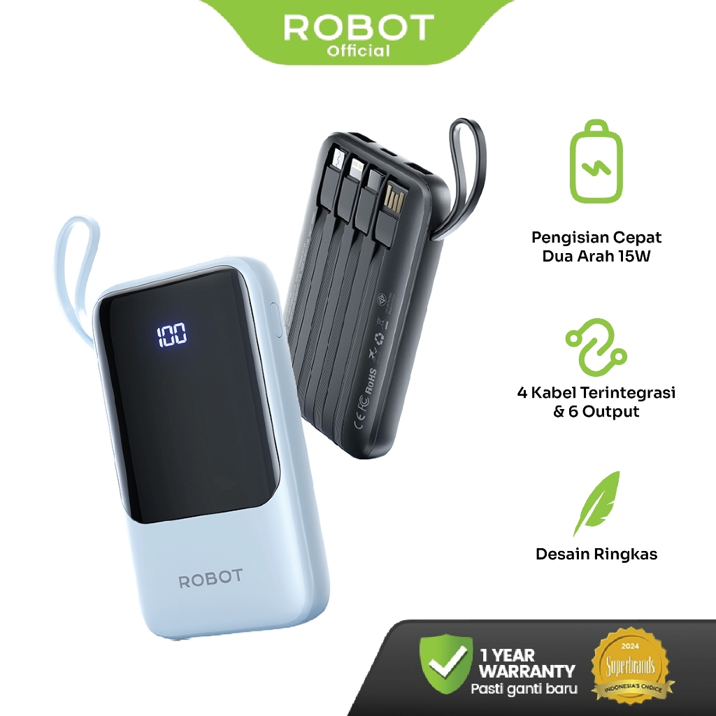 ROBOT Powerbank Fast Charging 10000mAh PD 15W With Port and Cable Micro Type-C Lightning Power bank 