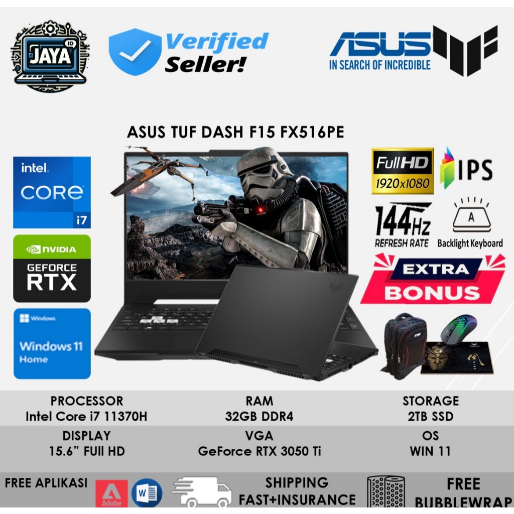 LAPTOP ASUS TUF DASH 15 FX516PE INTEL I7 11370H RTX3050TI Ram 40GB DDR5 2TB Ssd Full HD RGB Win11