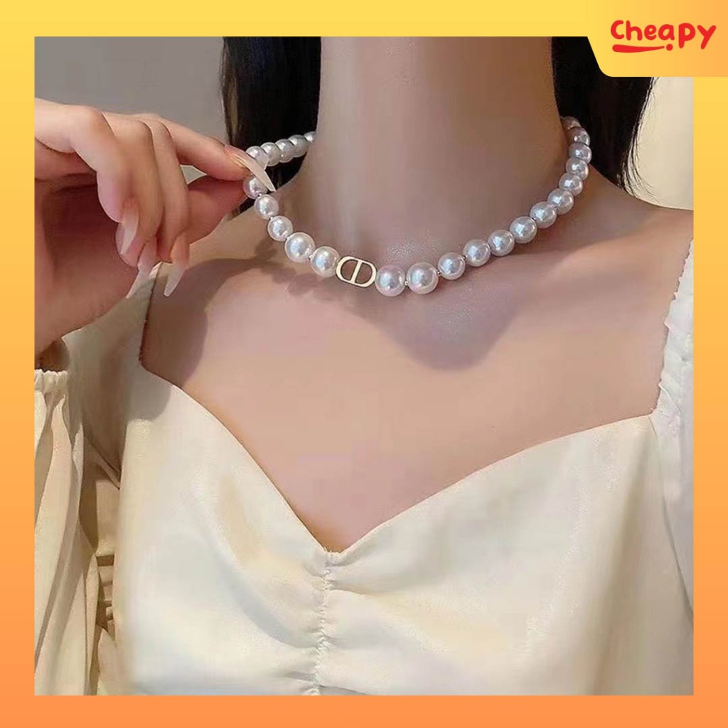 Kalung Mutiara Choker Perempuan Liontin huruf B Double