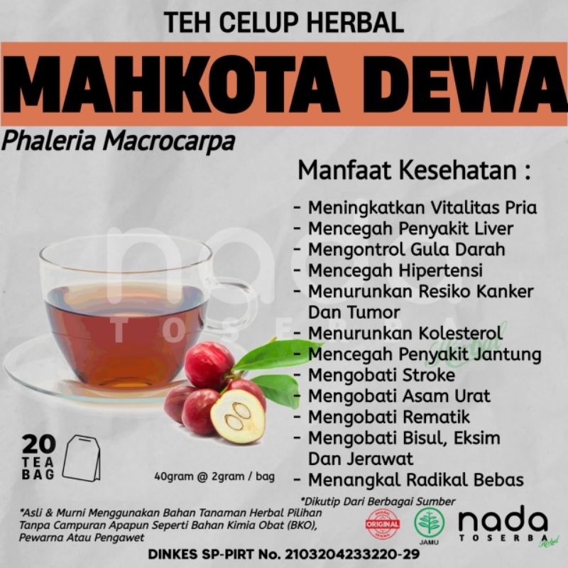 

Teh Celup Herbal MAHKOTA DEWA Isi 20 Tea Bag | Liver, Kanker & Tumor | Phaleria Macrocarpa