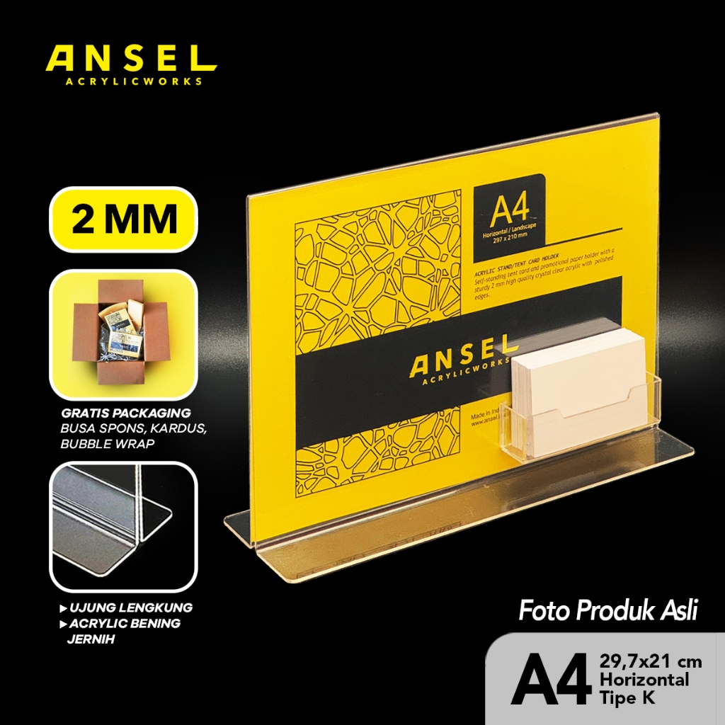 

ANSEL Tent Holder Akrilik Tipe T dengan Kartu Nama / A4 Horizontal 29,7x21 cm/ Display Tent Tipe K
