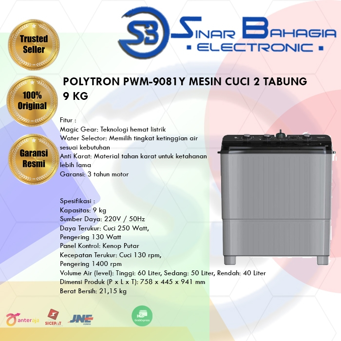 POLYTRON PWM-9081Y MESIN CUCI 2 TABUNG 9 KG (NEW) (KHUSUS BANDUNG)