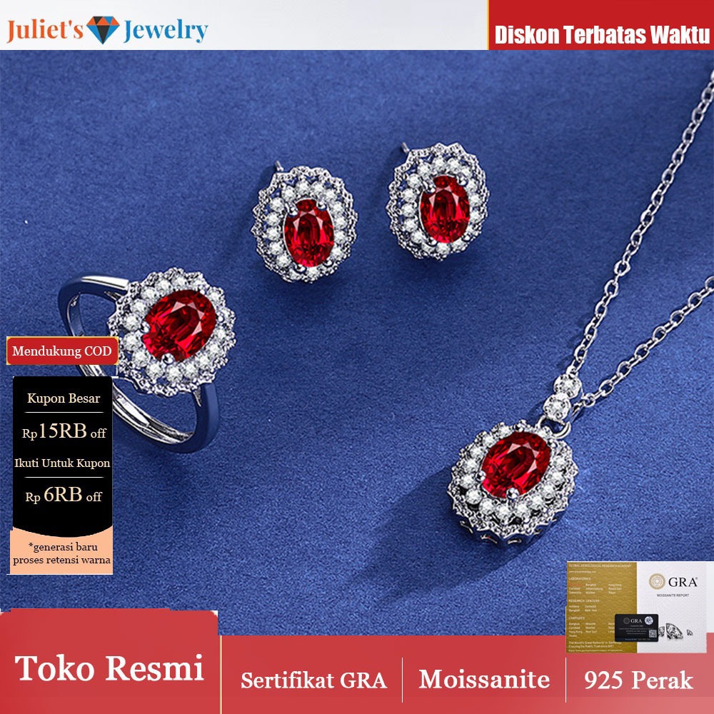 Anting Cincin Kalung Kalung Moissanite Merah Set Perhiasan Wanita Anti Karat Anti Karat Italia