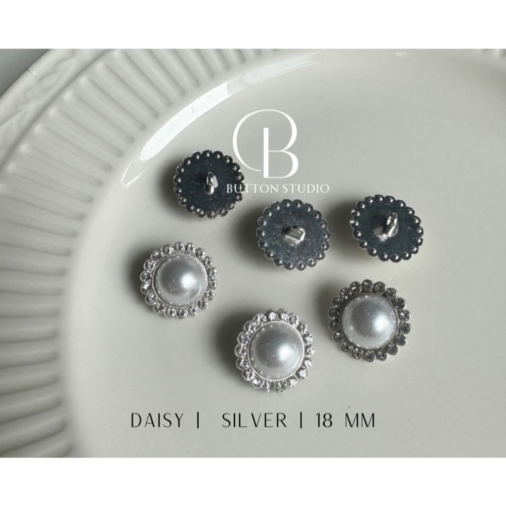 DAISY - Kancing Manik Plastik, Kancing Baju Wanita , Flower Button Aesthetic, Silver, Pearl, Kancing