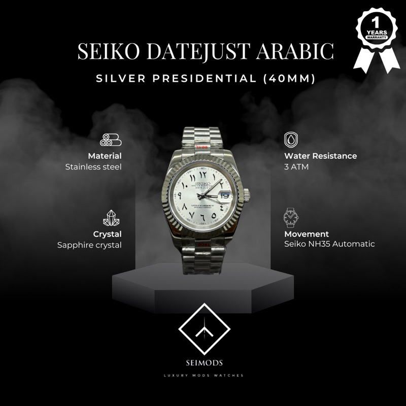 Jam Tangan Seiko Mod Datejust Arabic Silver NH35 Automatic Jubilee 39mm Seikolex
