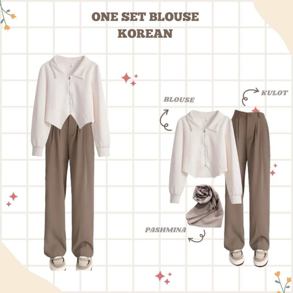 3 IN 1 ONE SET KOREAN STYLE - Set Kulot + Blouse Kemeja Polos Casual Premium