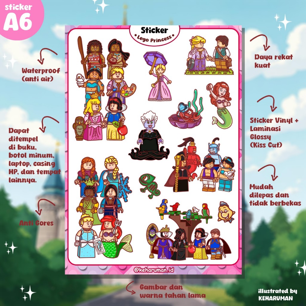 

Sticker Lego Princess Moana Ariel Cinderella Pochahontas Aurora Snow White Aladdin Disney